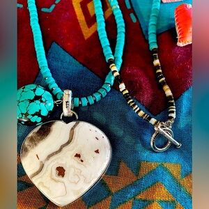 Zebra Calcite 2” 925 Romantic Heart on Sliced Turquoise Heishi Beaded Necklace